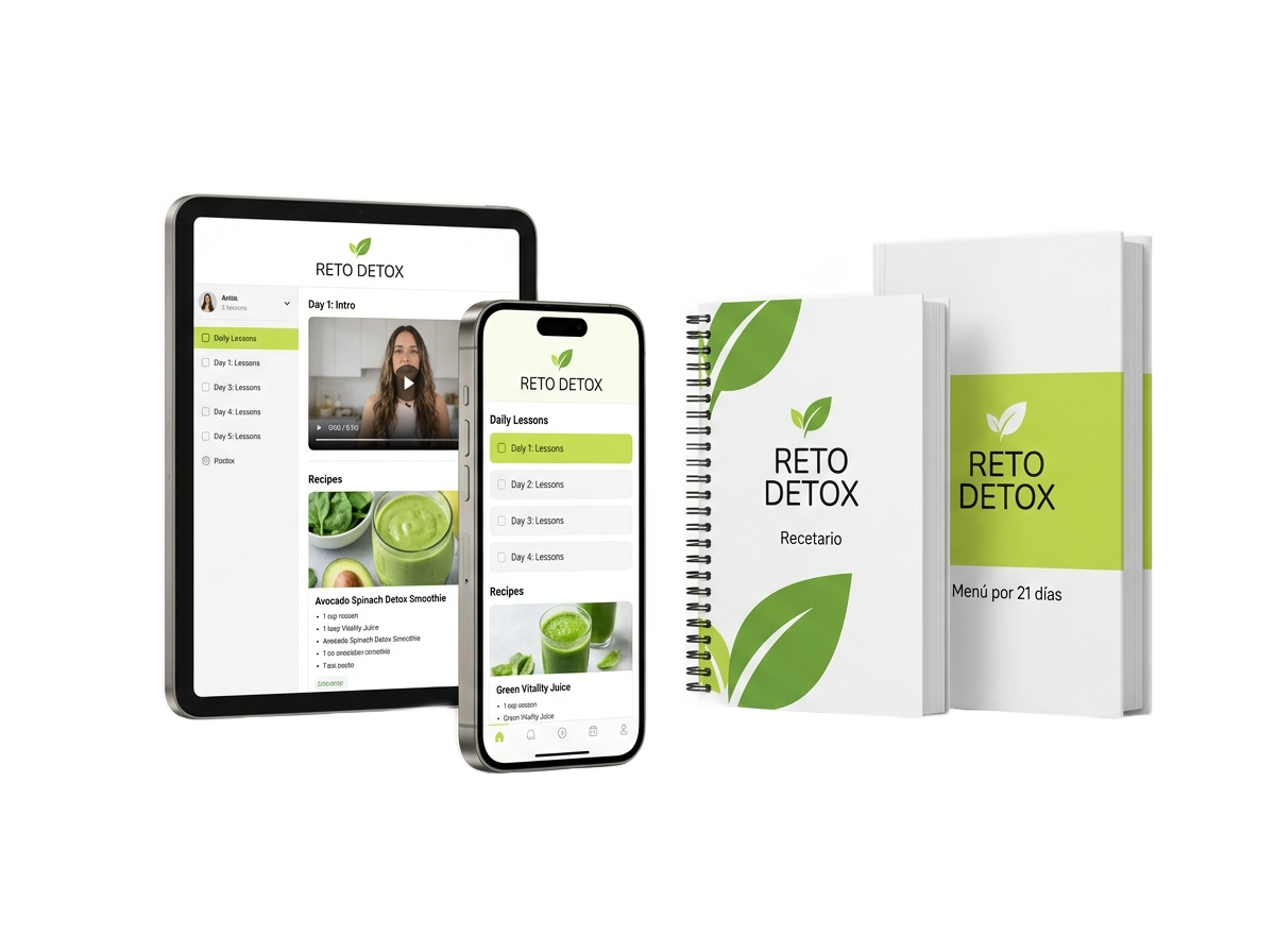 Mockup del programa Reto Detox VIP: plataforma en tablet y celular, recetario y menú de 21 días